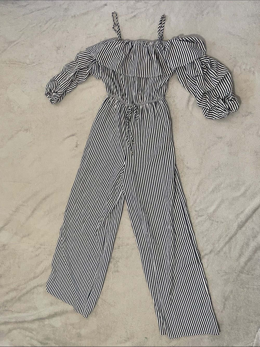 Jealous Tomato Navy Blue and White Striped Off-Shoulder Jumpsuit